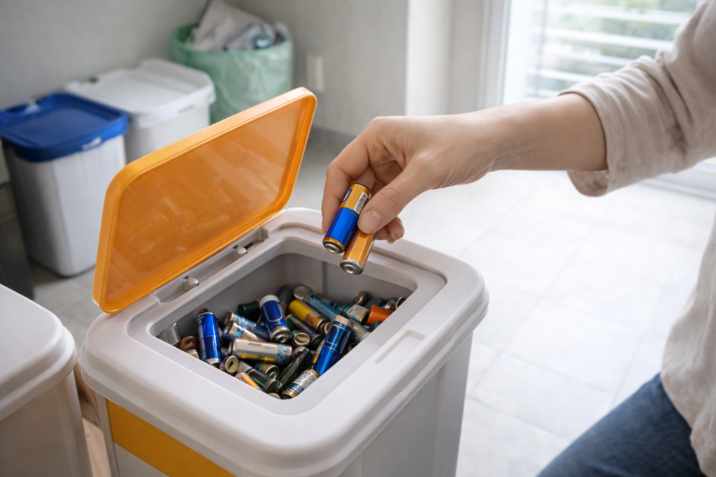 건전지 버리는 방법 - 폐건전지 수거함에 다 쓴 건전지를 넣는 모습